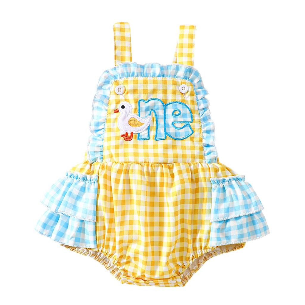 Baby Girl Cute Duck Patch Embroidered Plaid Romper - 1st Birthday Crawling Suit