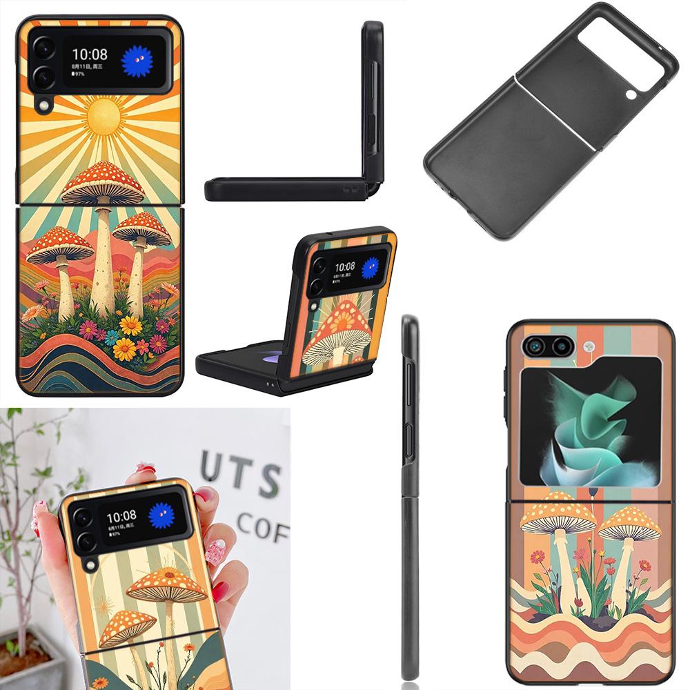 Boho Hippie Pilz Sonnenaufgang Handyhülle Für Samsung Z Flip 7 6 5G Galaxy Z Flip4 Z Flip5 Z Flip3 Hülle Schwarze Harte PC Schale Schutz