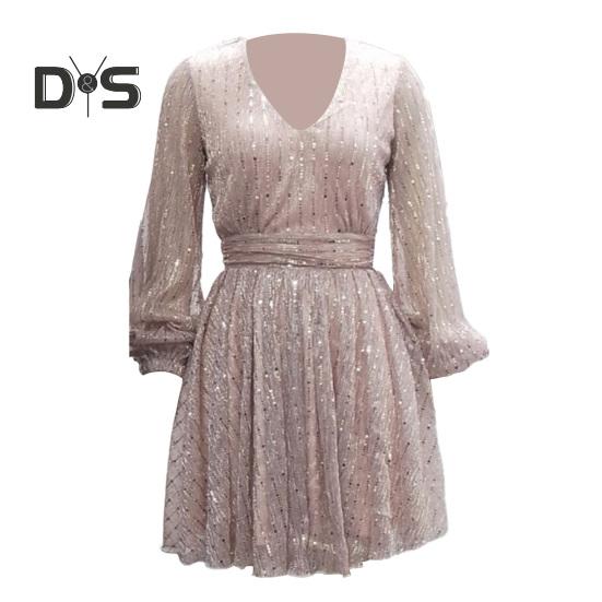 Women Dress Low Cut Deep V Neck Long Lantern Sleeves Solid Color Tight Waist Pleated A Line Big Swing Commute Lady Spring Summer Mini Dress