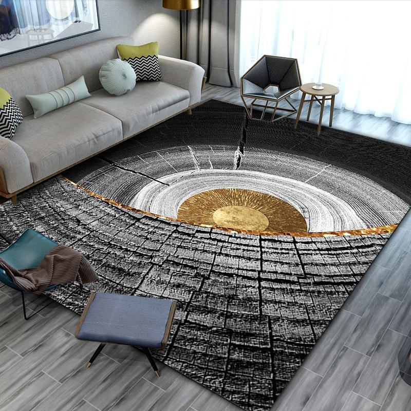 Large Living Room Area Rug with Tree Ring Pattern Gray Brown Wood Texture and Gold Trim Modern Decor Carpet Home Decoration Mat