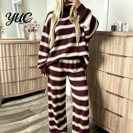 Comfy Sleepwear Sets 2Pcs/Set Women Casual Tracksuit, Mock Neck Long Sleeve Tops, Wide Hoodie Track Pants Leg Sweatpants, Striped Print Outfit