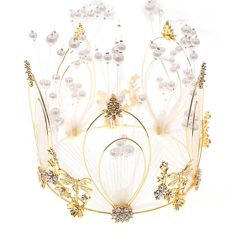 Fairy Princess Crown with Mesh Round Headwear with String Beads Queen Cake Decoration Costume Hair Accessory for Women Baking