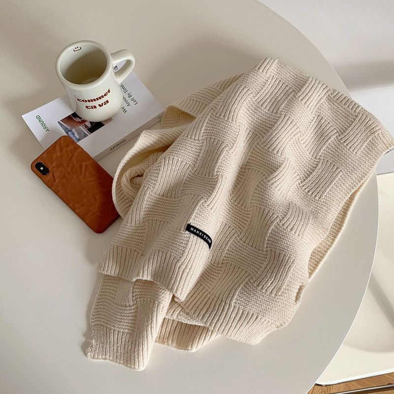 

White Retro Green Scarf for Women in Winter Soft and Versatile Solid Color Wool Korean Style Warm Scarf Korean Version 35*175cm