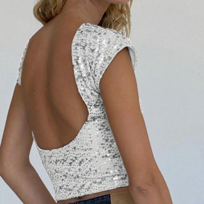 Letní Nové Sexy Bez zad Ležérní Flitrované Tričko Dámské Kulatý Výstřih Krátký Rukáv Slim Fit Dámské Tričko Street Jednobarevné Jednoduché Y2K Dámské Tričko Topy 26135