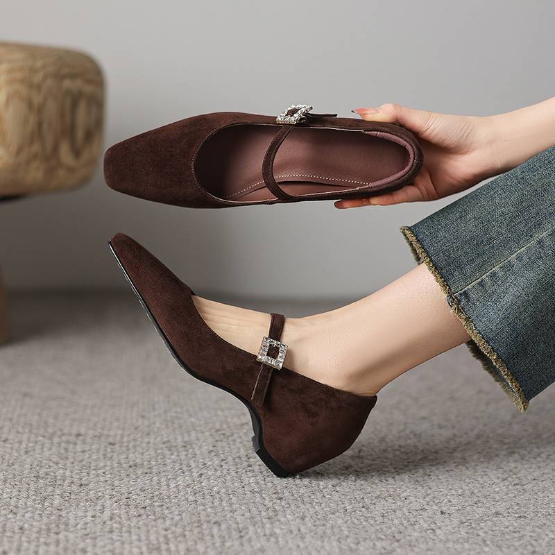 Krazing Pot Sheep Suede Square Toe Med Heels Summer Shoes Big Size 42 Crystal Buckle Women Shallow Pumps