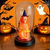 Halloween Window Display Pumpkin Skeleton Cloche Lamp, Lighted Stacking Skull in Clear Decor Dome with Witch Hat for Tabletop Mantel, Party