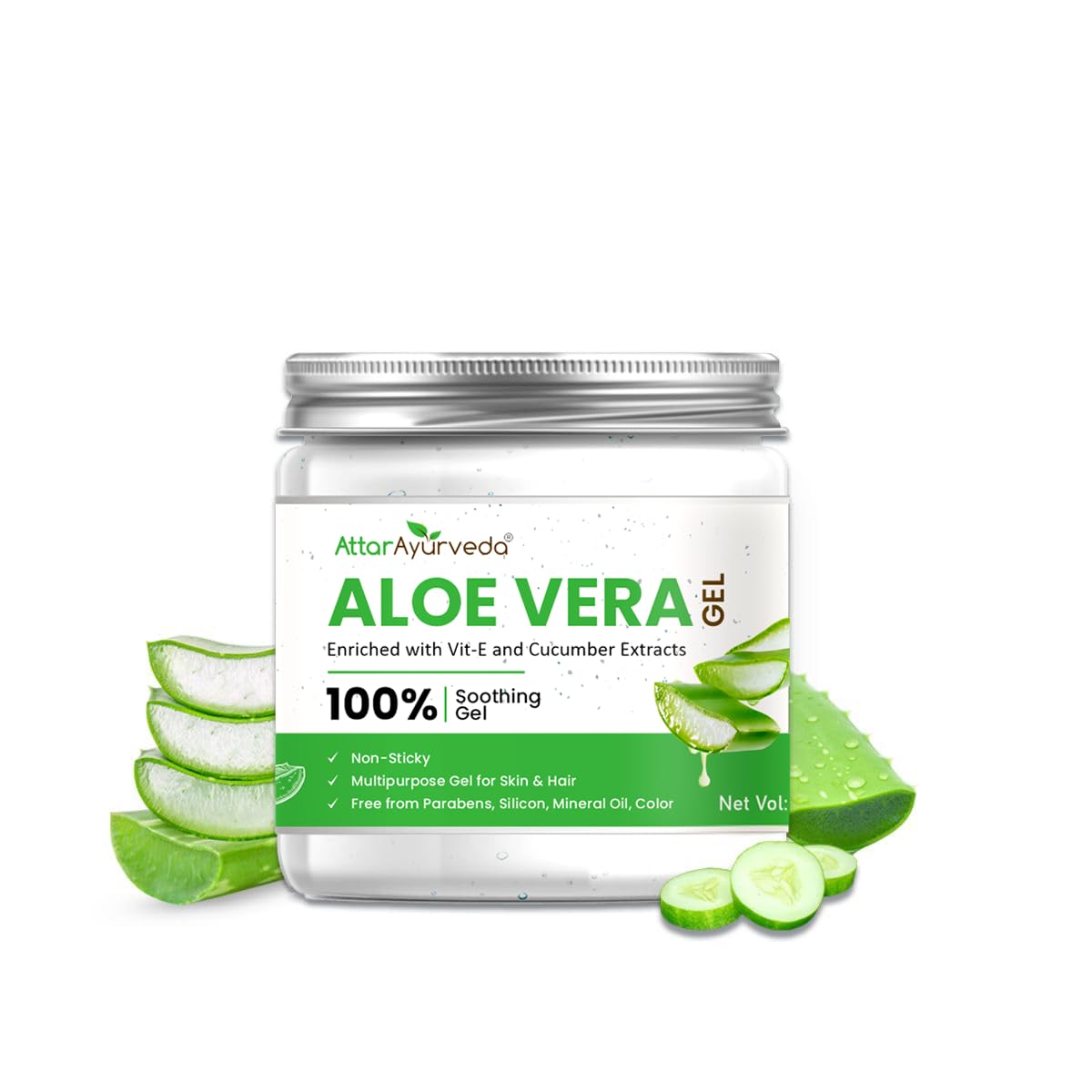 

Attar Ayurveda Natural Aloe Vera Gel For Face Skin Hair 200 ml With Vitamin E & Cucumber Extract Non Sticky Paraben Free