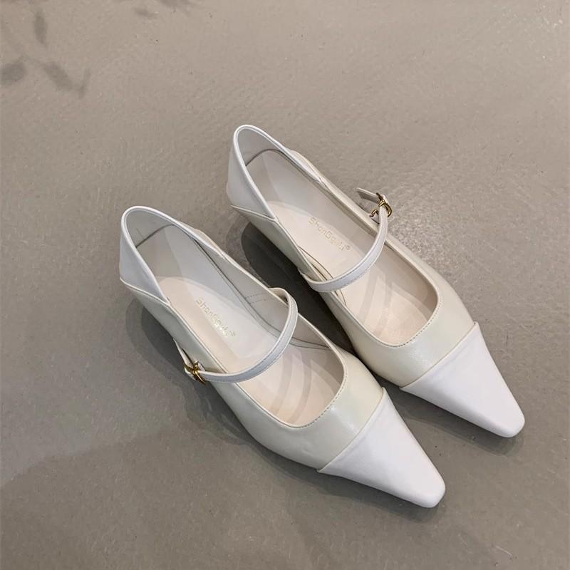Retro Design Sense Splicing Single Shoes Women's 2025 Spring and Autumn New Versatile Thick Heel Pointed One-word Buckle Temperament Flat Shoes