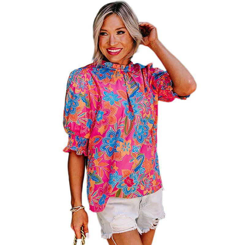 

Early Spring New Arrival Florals Print Puff Sleeves Chiffon Shirt for Women 2025 Fashion Fashion Retro Half Sleeve Shirt Women Rose Red M code fits (55.00 kg-62.50 kg