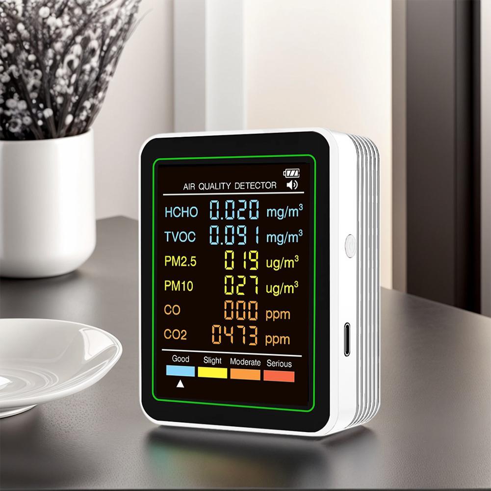 6-in-1 Air Quality Monitor PM2.5 CO2 TVOC Monitor Air Quality Detector Formaldehyde Detector Multifunctional Household