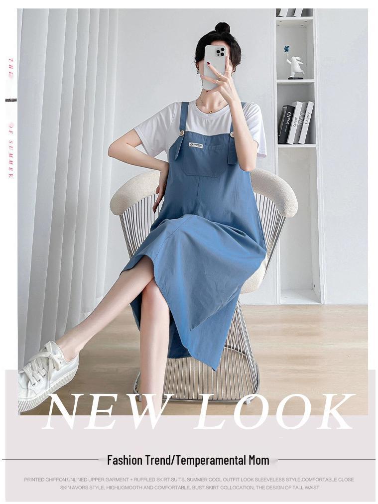 2023 Trendy Maternity Summer Dress - Stylish Loose Mid-Length Splicing Suspender Skirt (Fake Two-Piece)