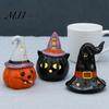 Small Ceramic Halloween Figurine Tealight Holder, Lighted Ghost Pumpkin with Cute Room Decoration Witch Hat, Tiered Tray Tabletop Decor for