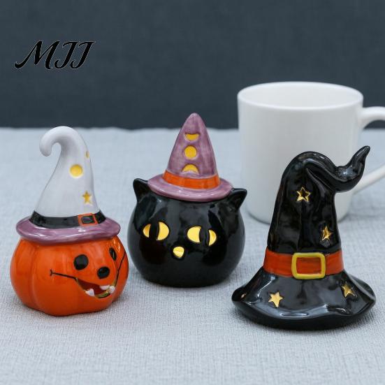 Small Ceramic Halloween Figurine Tealight Holder, Lighted Ghost Pumpkin with Cute Room Decoration Witch Hat, Tiered Tray Tabletop Decor for