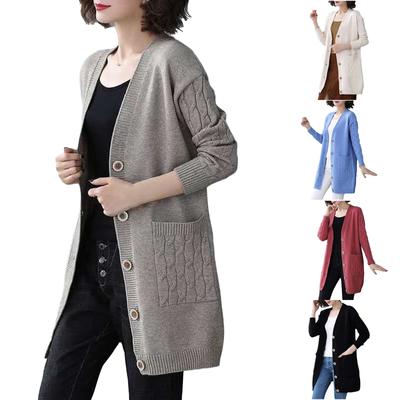 Cardigan de malha feminino suéter botão decote em V moda versátil casaco