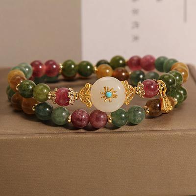Colored Tourmaline Double Loop Bracelet for Female Niche, Light Luxury, High-end Feeling, Jade and Stone Stacking, Exquisite Best Friend Bracelet Gift