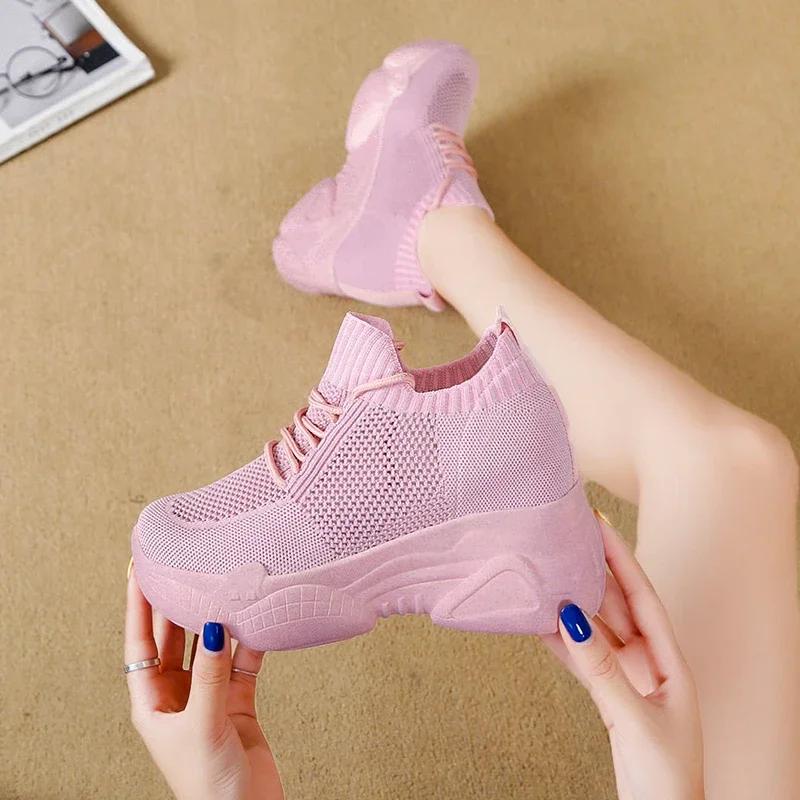 Rimocy Breathable Air Mesh Chunky Sneakers Women 2025 Spring Summer Knitted Height Increasing Shoes Woman White Casual Footwear