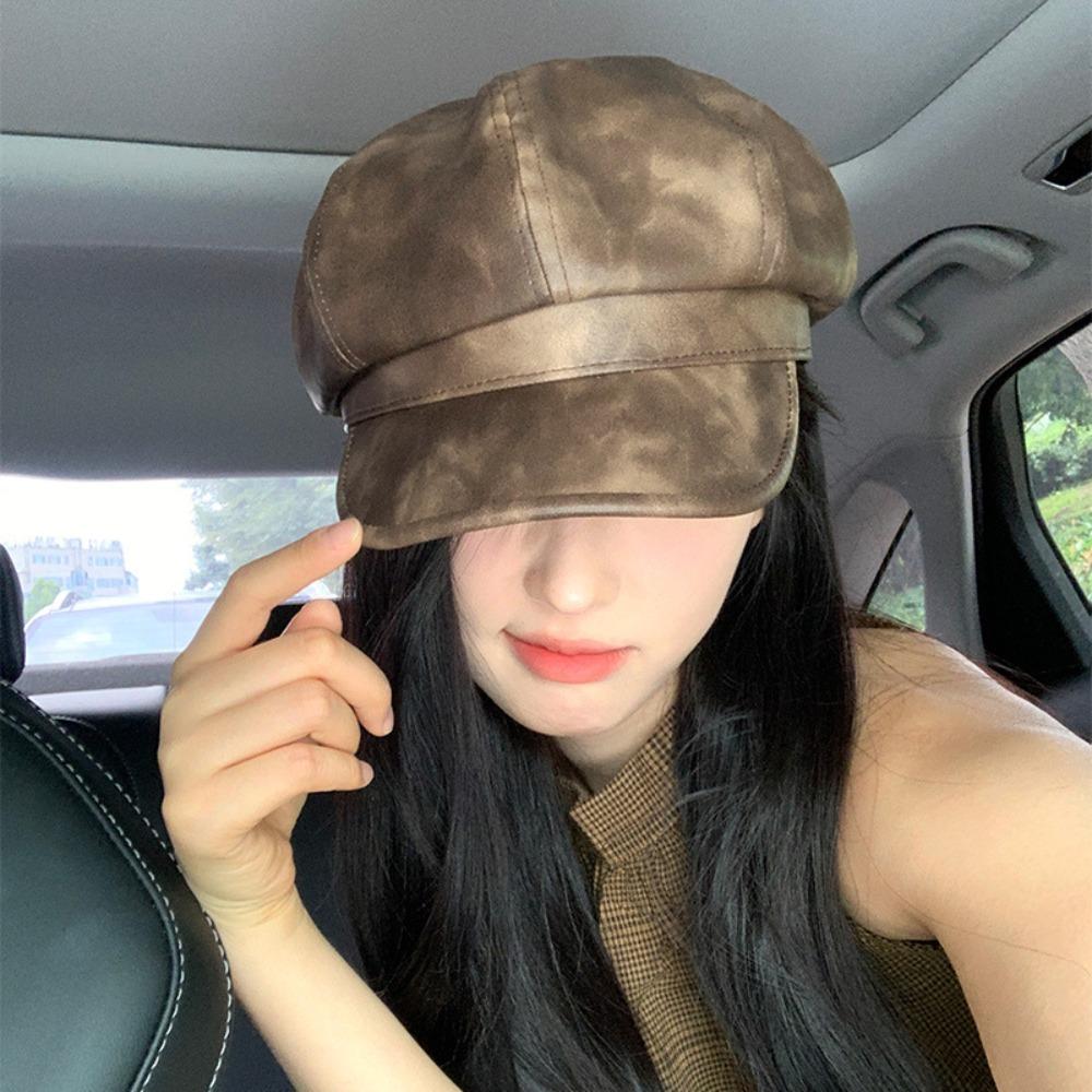British Style Pu Leather Beret Autumn Winter Artist Cap Elegant Women's Beret  Streetwear