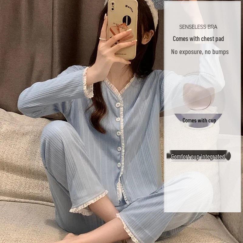 Korean Style Sweet Pajama Set for Girls: Cardigan Long Sleeve with Chest Pads, Wear Outside, Spring/Autumn Casual.