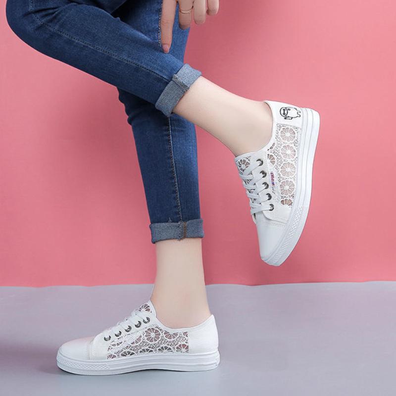 Fashion Women Shoes Fashion Summer Casual White Shoes Plus Size Cutouts Lace Canvas Shoes Hollow Mesh Breathable Flats Woman Sneakers