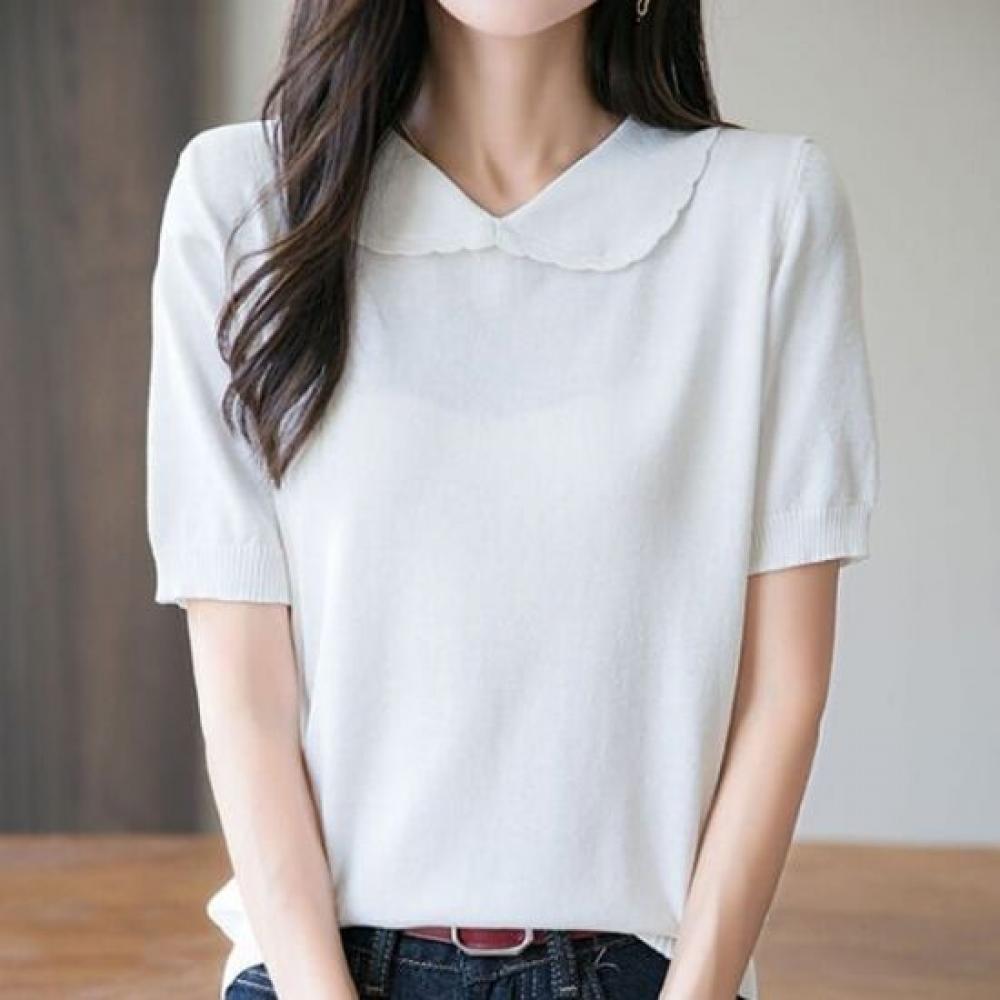 Navava Simple Solid Thin Collar Short Sleeve Knit Tee Nk3028