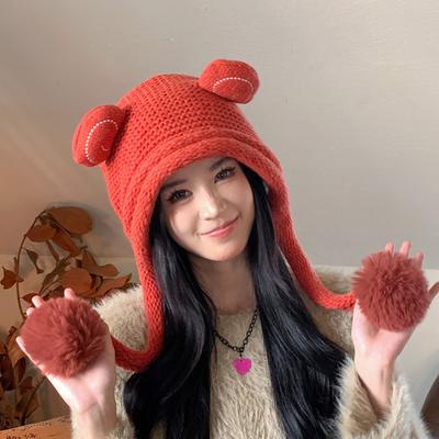 Hat Female Cute Cartoon Frog Hairball Knitted Hat Female Winter Fleece Warm Ear Protector Student Wool Hat Thick