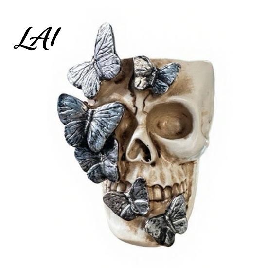 Spooky Home Accents Black Butterfly Skull Vase Resin Skeleton Pen Holder Gothic Flower Personalized Crafts Arrangement Container Creative