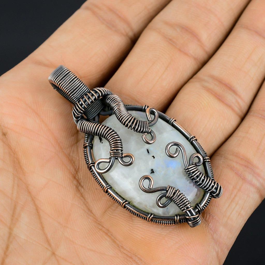 Moonstone 999 Copper Wire Wrapped Pendant, Handmade Gemstone Pendant, Gift For Mom Antique Jewelry