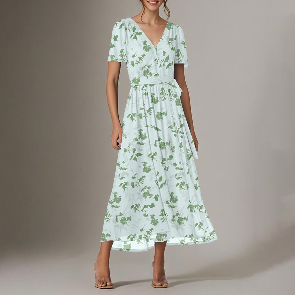 Women's Summer Floral Bohemian Dress Wrap V Neck Short Sleeves Ruffle A-Line Flowy Maxi Dress Summer Dresses For Women