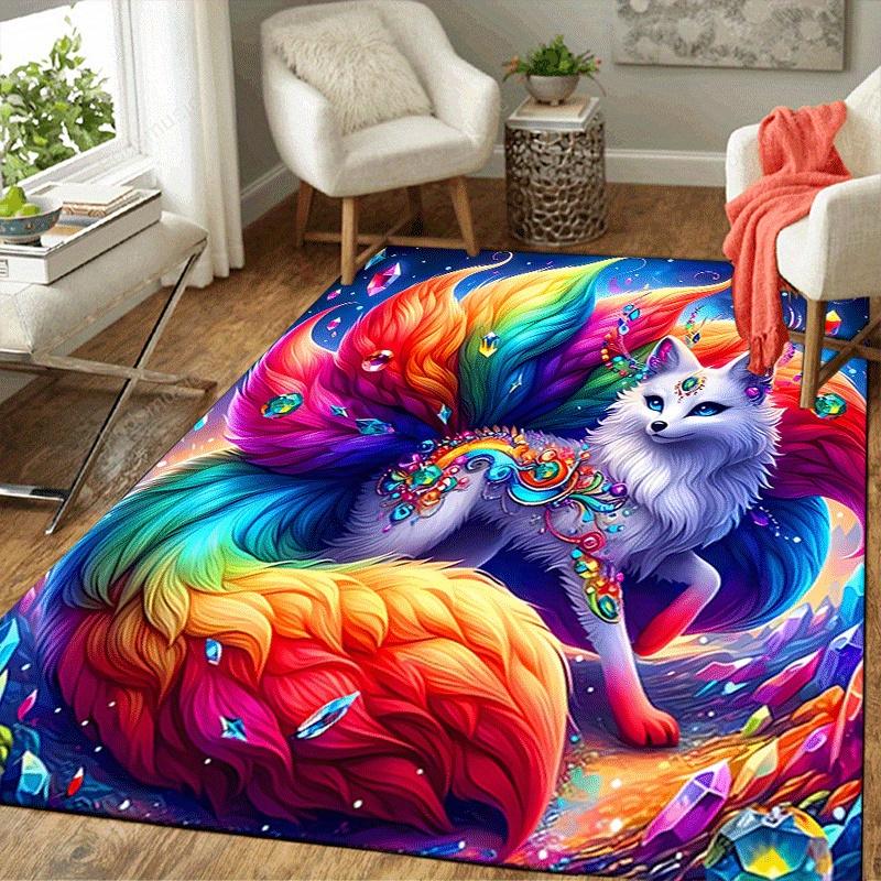 1pc Colorful Nine Tailed Fox Design Area Rug - Soft, Anti-Slip, and Durable Gaming Room Decor for Bedroom