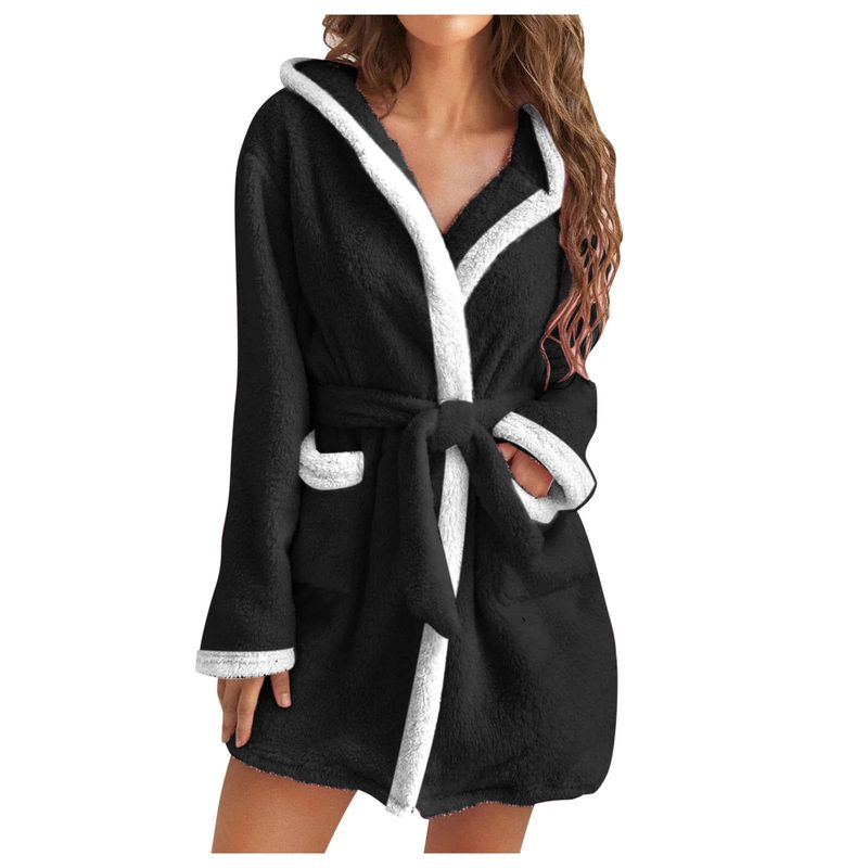 Women's Winter Warm Fuzzy Hooded Bathrobe Hooded Pajamas Plush Bathrobe for Women