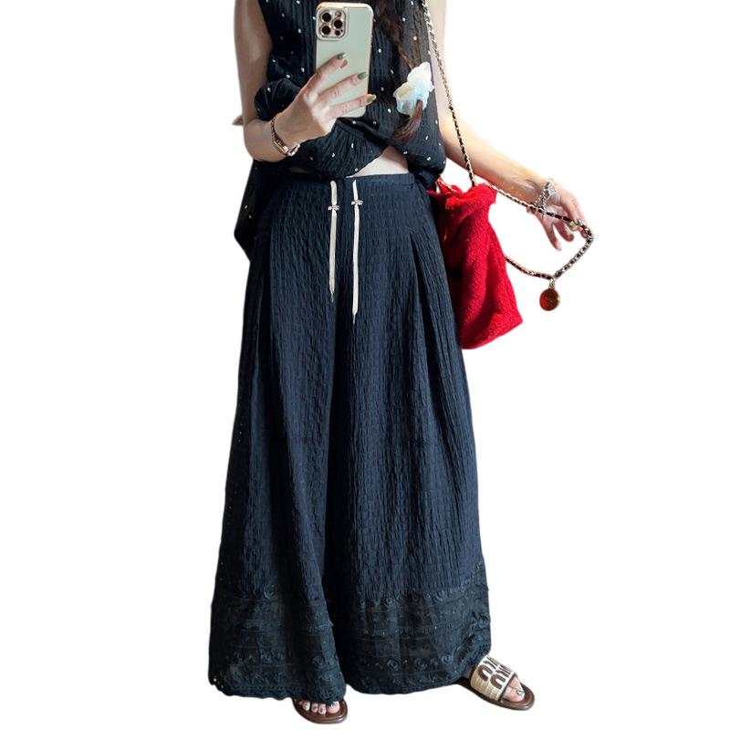 

Maternity Wide-Leg Lace Trim Pants - Spring/Summer 2026 Casual Nine-Point Style Extra Large чорний
