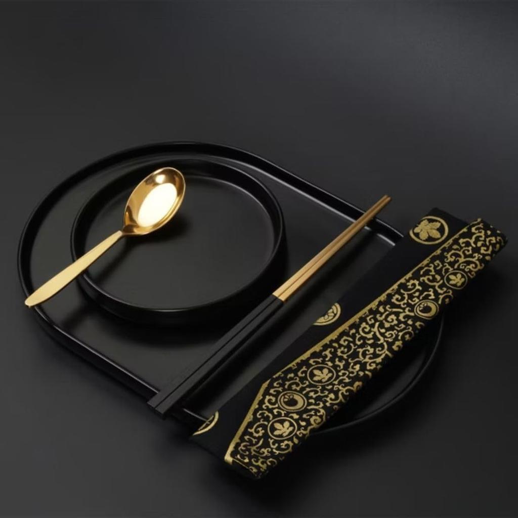 LAYANA Cutlery Luxury Gift for Celebrations and Stainless 23cm Chopsticks and Made In Taiwan Gold-Plated Set, Black, Anniversaries, SUS18/10 Steel,