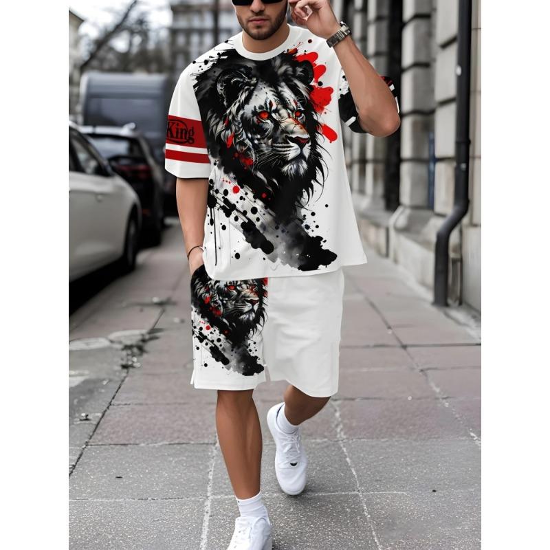 Herren Sommer Kurzarm Set Hip Hop Cartoon Bär Print Kurzarm Oberteil Shorts Lässig Zweiteilig Outdoor Urban Street Fashion