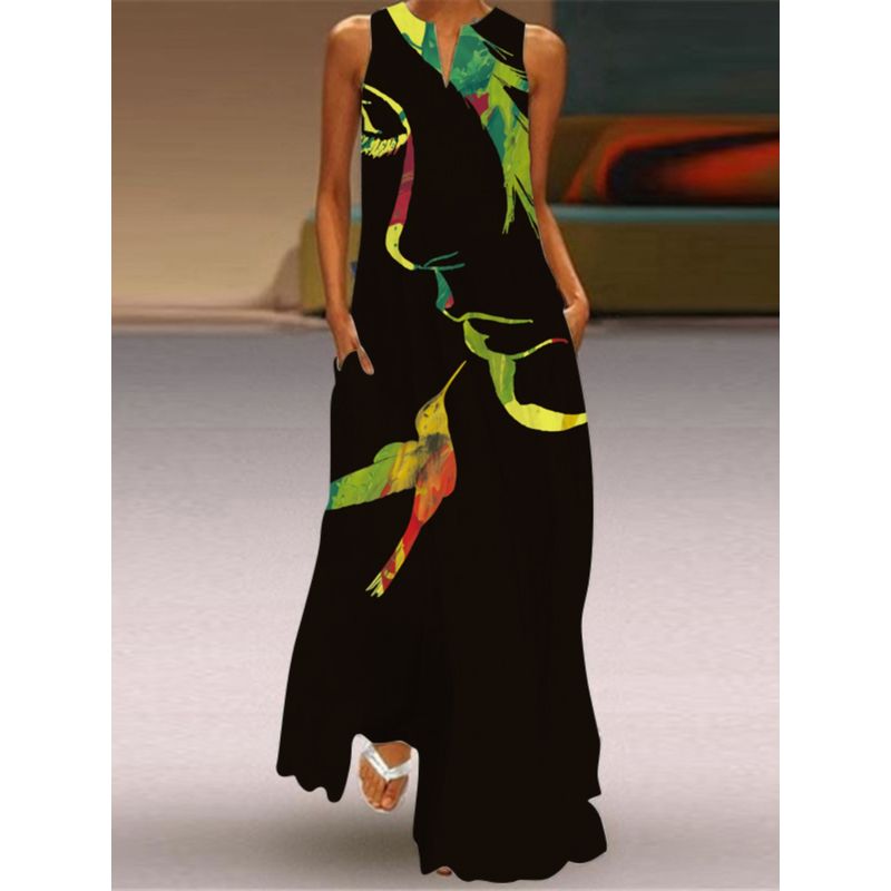 2025 New Summer Women's Clothes Sleeveless Maxi Dress V-neck Print Emerald Flower Dress Fashion 3D Cross-Border Beach Dress