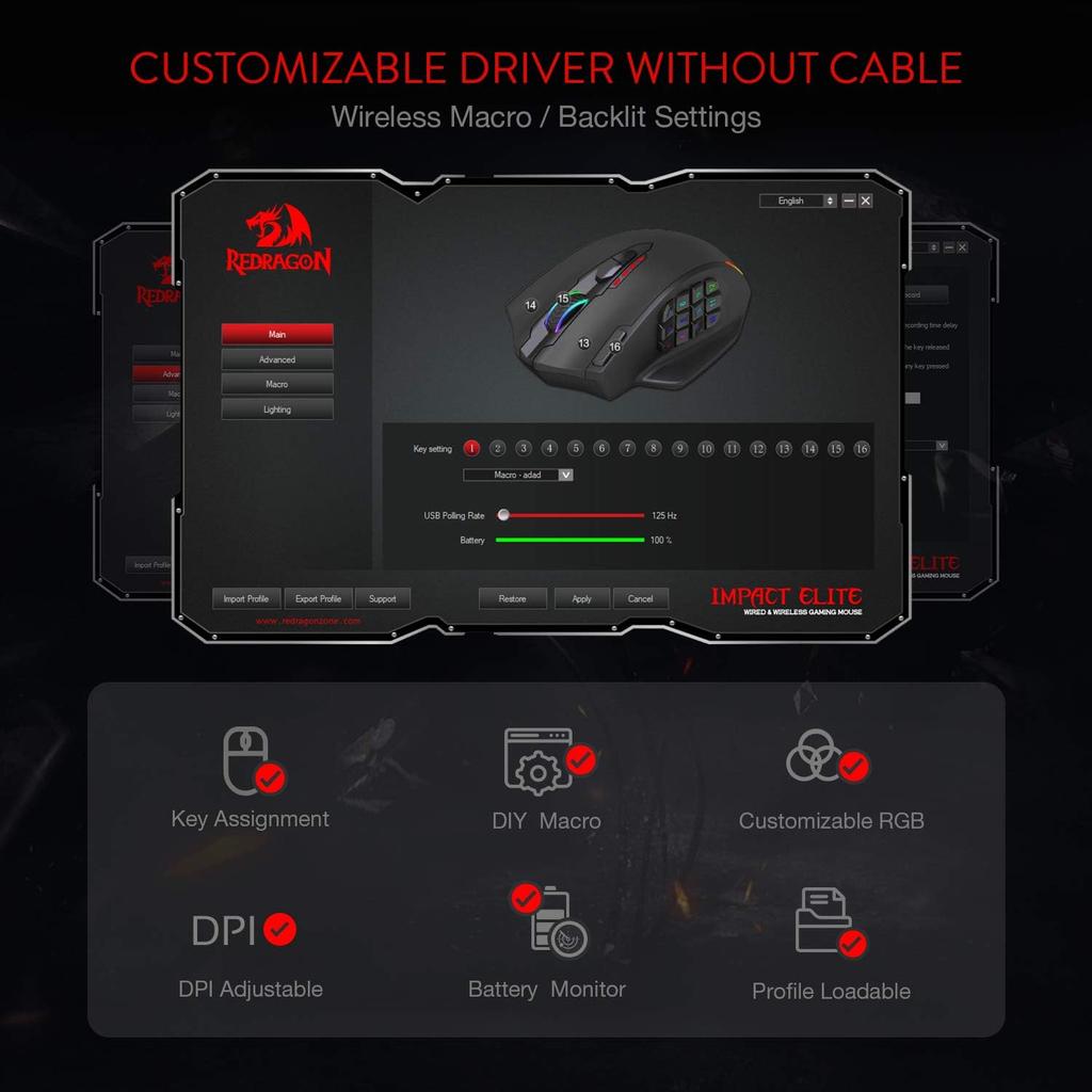 Redragon M913 Impact Elite Wireless Gaming Mouse, 16000 DPI Wired/Wireless RGB Gamer Mouse, 16 Programmable Buttons, 45-Hour Battery and Pro Optical S