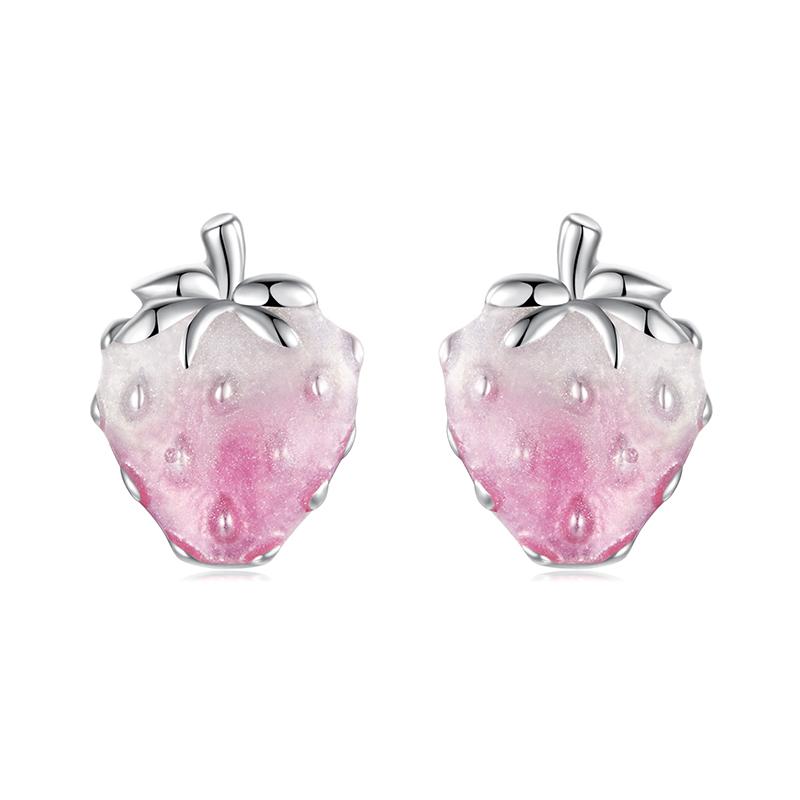 WOSTU 925 Sterling Silver Mini Pink Strawberry Stud Earrings Girl Daughter Jewelry Fruit Cherry Strawberry Studs Party Birthday