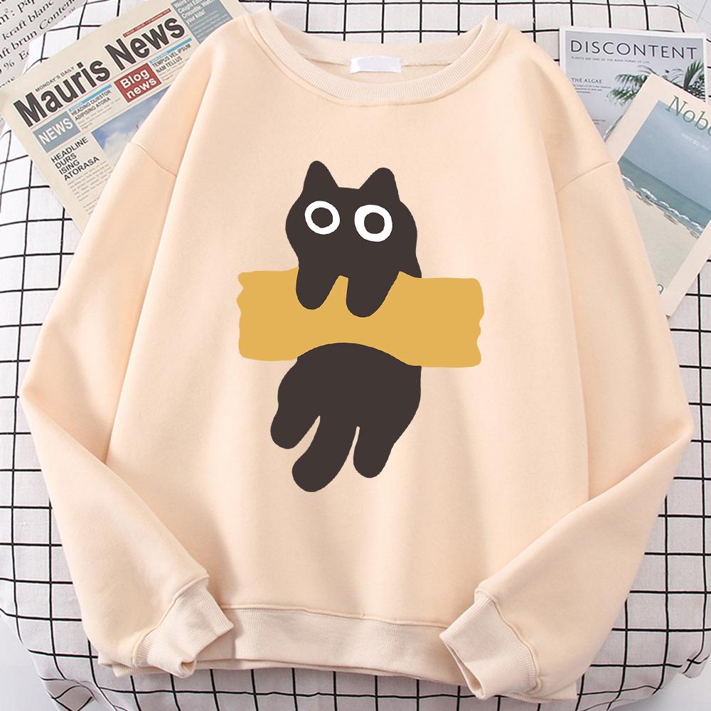 Fun Adhesive Tape Cat Cute Print Cartoons Hoody Men Women Hoodie Autumn New Hoodies O-Neck Loose Clothes Sweatshirts