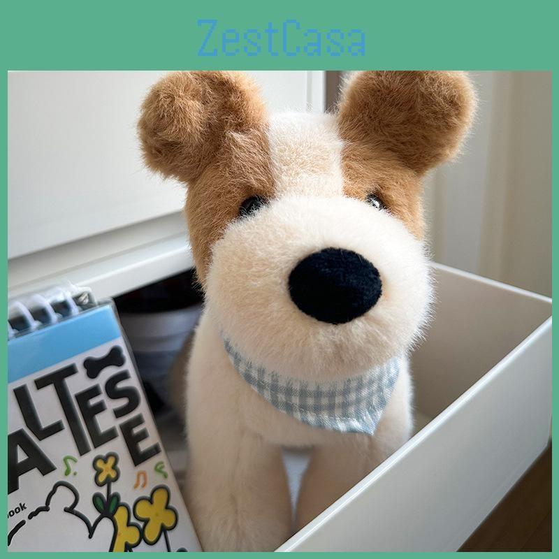 Cute Checkered Blue Scarf Plush Dog Doll Children Toy For Room Decoration