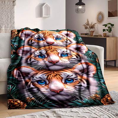 1pc Tiger Print Blanket, Lightweight Flannel Fleece with Digital Printing, Soft Warm for Sofa, Travel, Camping, Office, Couch, Chair, and Bed, All-Sea