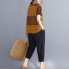 Cotton Linen Retro Literary Top Summer Plaid Loose Girls T-shirt All-match Fashion Short-sleeved Gown