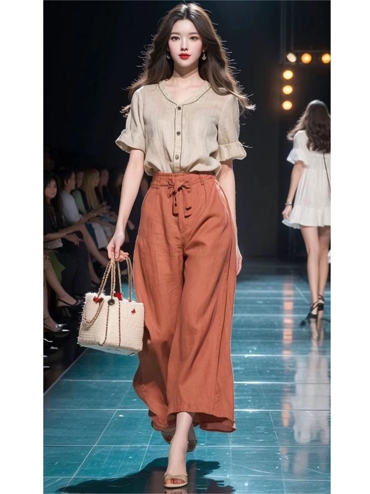 

Летний комплект из льна высокого класса: рубашка и брюки широкого кроя в стиле французской светской львицы 2024 Large