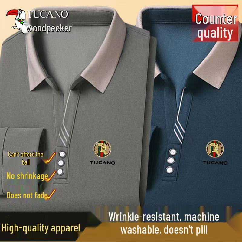 Woodpecker Men's Long-Sleeve Solid Color Polo Shirt with V-Turn Collar for Spring and Autumn.