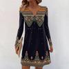 Women's Long-sleeved Casual Midi Dresses V-Neck Print  Casual Dress
