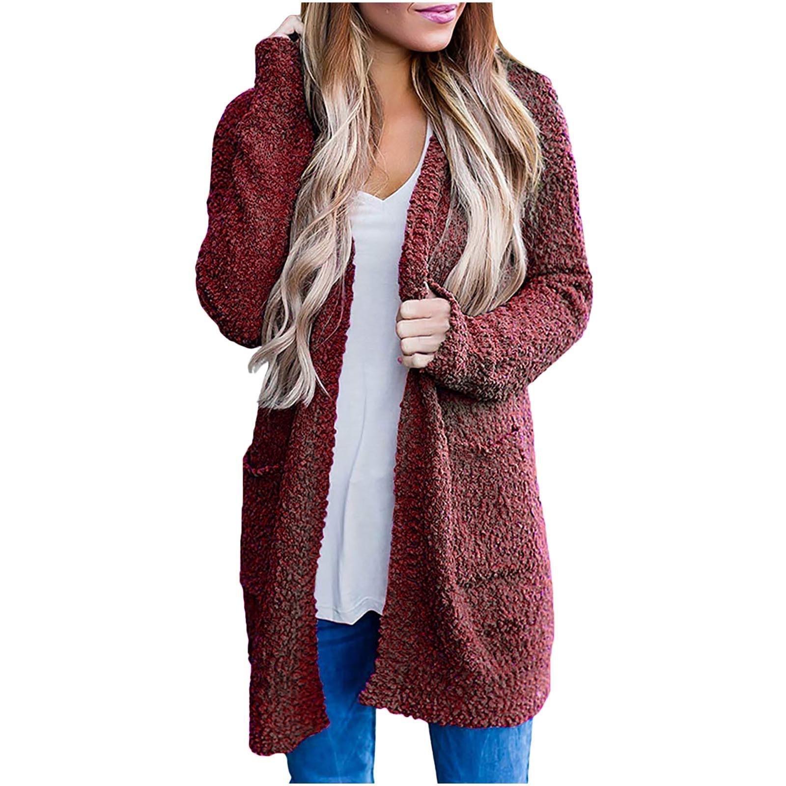 

Женский однотонный кардиган свободного покроя, тонкое плюшевое пальто с двумя карманами XXL винный