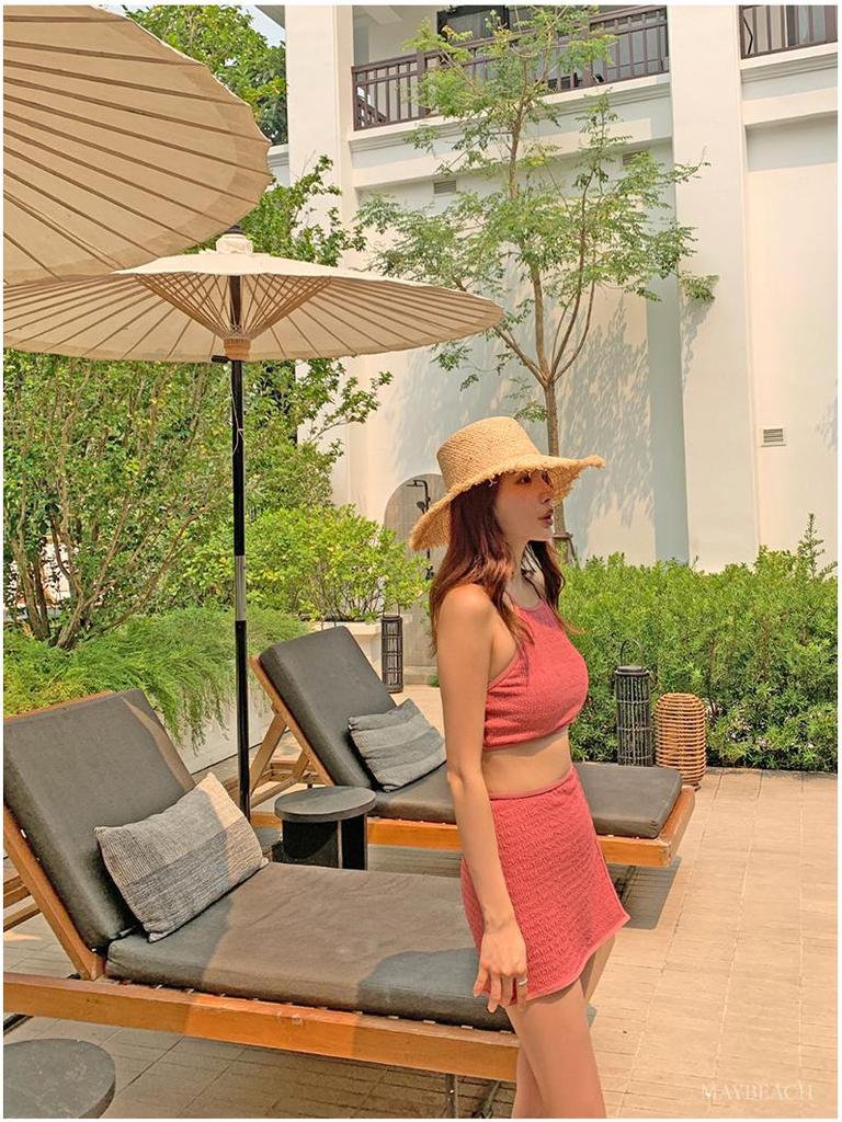 Korean Style White Textured Bikini Swimsuit 3-Piece Set for Beach & Hot Springs