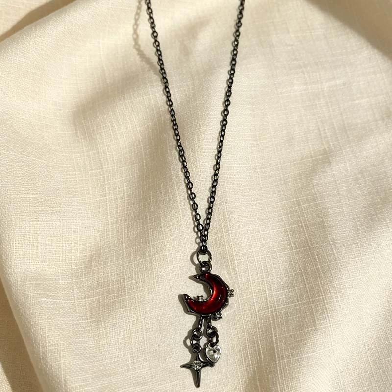 Gothic Red Moon Star Cross Heart Pendant Chain Necklace For Women Personalized Y2K Halloween Grunge Neck Jewelry Accessories