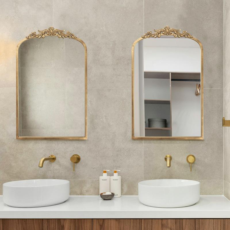 **European Light Luxury Carved Arched Bathroom Vanity Mirror**
