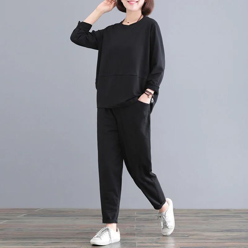 Dámský oblek Velká velikost Bavlněná košile s dlouhým rukávem Kalhoty Dvoudílný Kulatý výstřih Top a Dlouhé kalhoty 2dílný oblek