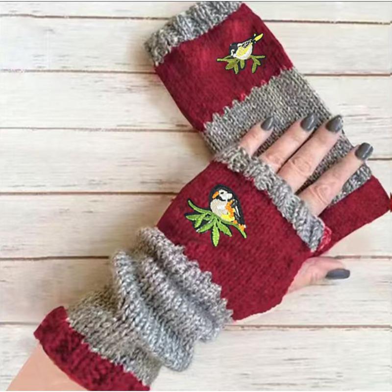 Gants en tricot sans doigts avec broderie de chat et patchwork, Gants décontractés ouverts aux doigts tendance pour femme, Mitaines chaudes d'hiver sans doigts