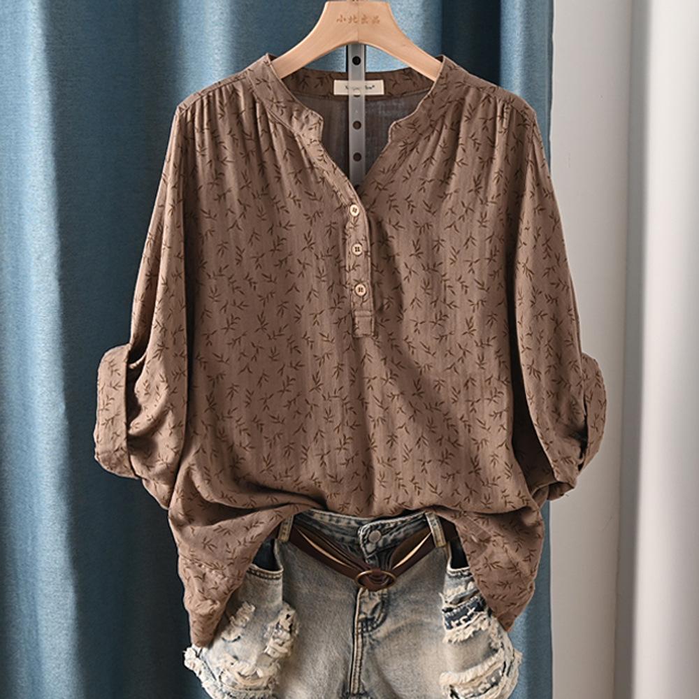 Women Cotton Casual Shirt Batwing Sleeve Stand Collar Printed Top Girl OL Loose Blouses 2024 Summer T447104QM